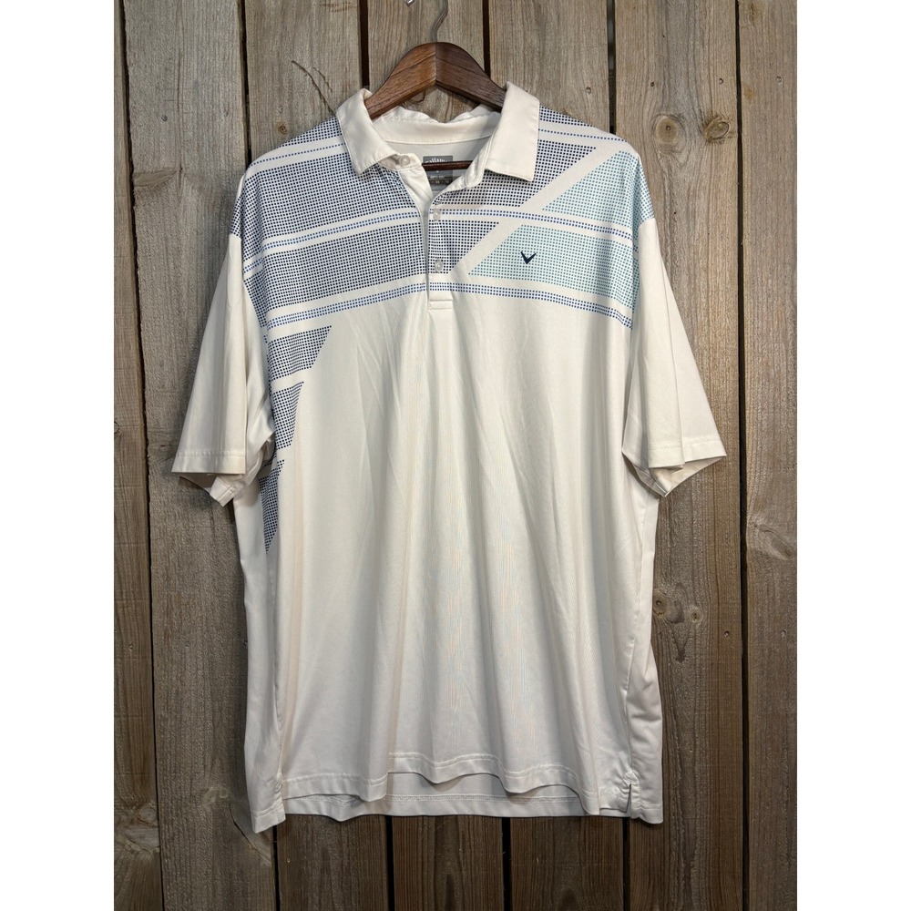 Callaway Mens Opti-Dri Golf Polo Shirt XL White Blue Geometric Graphic Short Slv